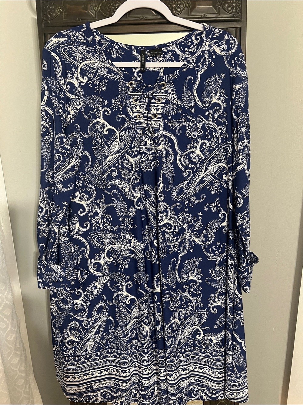new directions Navy Blue and White Paisley Long-Sleeve Dress